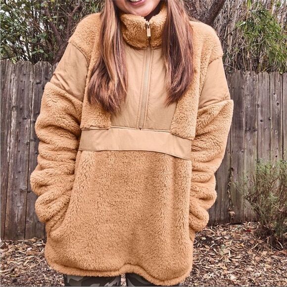 VICTORIA’S‎ SECRET PINK FLEECE TEDDY HALF ZIP OVERSIZED PULLOVER SWEATER NWT TAN - Picture 1 of 13